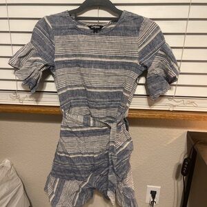 Express Gray and Blue Sheath Mini Dress with Puff Sleeves